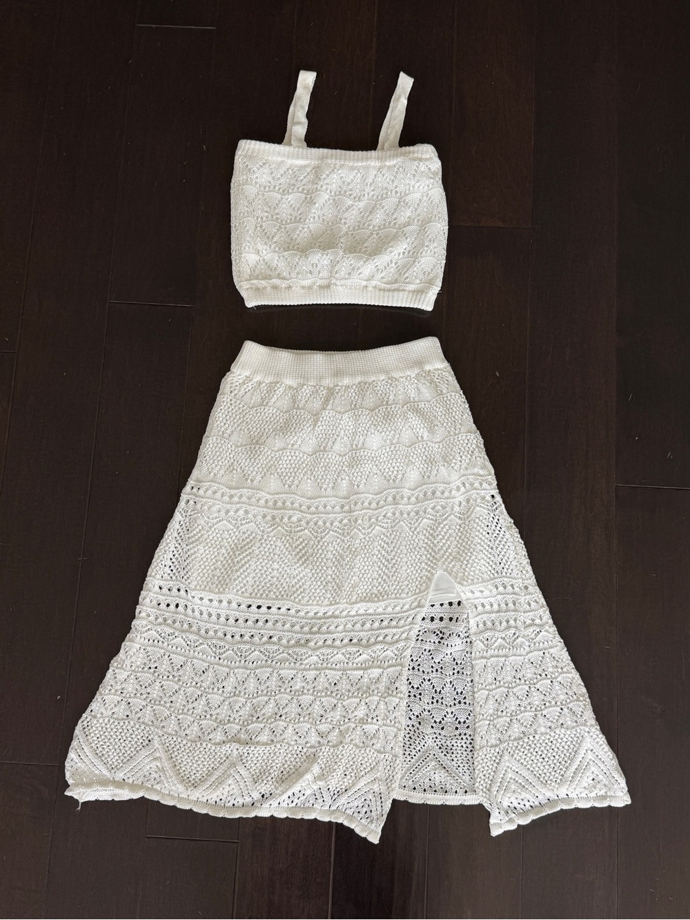 White Crochet Knit Two-Piece Set - Crop Top & Skirt